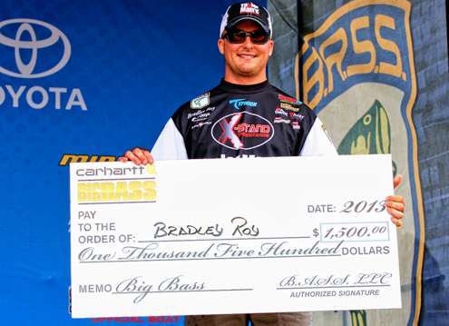 <p>Bradley Roy was awarded a check from Carhartt for the Big Bass bonus he earned at Bull Shoals, Ark.</p>
