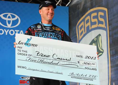 <p>Brent Chapman got his Livinston Lures bonus check for $500.</p>
