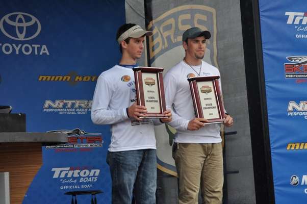 <p>Winning bragging rights at the College Exhibition Tournament held in conjunction with the Bassmaster Elite Seriesâ West Point Battle are Kenny Johnson and Brandon Larry of the University of West Georgia.</p>
