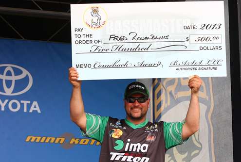 <p>Fred Roumbanis was given the $500 Comeback Award check from Luck-E-Strike, which he earned at Bull Shoals, Ark.</p>
