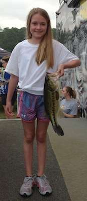 <p>Hayden Jones of Deweyville, TX fishing in the Little Anglerâs Division weighs in a 4.00 Exact Weight Bass.  She will be presented with a replica of her fish at next yearâs event.</p>
