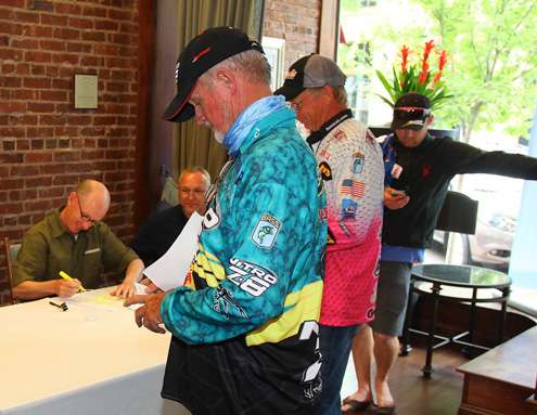 <p> </p>
<p>Rick Clunn and Kevin Short present their fishing licenses to B.A.S.S. Tournament Director Trip Weldon. </p>
