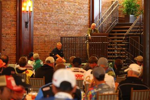 <p>B.A.S.S. Tournament Director Trip Weldon, conducts the Elite Series anglers briefing. </p>
