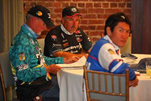 <p>Takahiro Omori, Rick Clunn and Pete Ponds listen and Trip Weldon conducts their briefing. </p>
