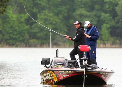 <p>VanDam fires another cast before getting back to the trolling motor. </p>
