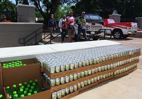Cases of Diet Mountain Dews were available for Elite Series anglers to place in their boats. 
