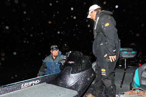 <p> Chris Lane and his co-angler prepare the boat while dealing with thunderstorms early on Day Three of Southern Open #3.</p>
