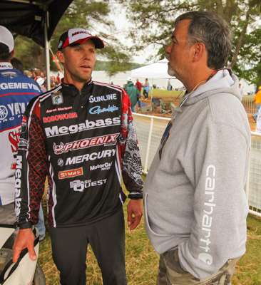 <p>Aaron Martens and B.A.S.S. staffer Steve Bowman talk about Martens' success on Day Two.</p>
