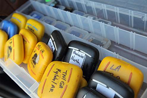 His GPS chips are organized in a Plano tacklebox for easy retrieval.