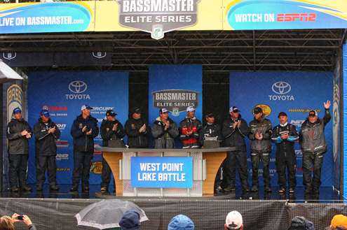 <p>The Top 12 anglers who will compete for the title of Champion on the final day of the West Point Lake Battle are: Cliff Pace, Cliff Crochet, Greg Vinson, Rick Clunn, Hank Cherry, Skeet Reese, Casey Ashley, Chris Zaldain, Todd Faircloth, Aaron Martens, Pete Ponds, and Tommy Biffle.</p>
