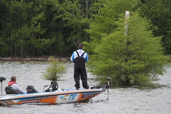 <p>Tucker fishes main lake cypress trees and humps, a popular pattern on Day One.</p>
