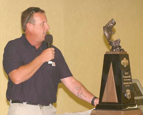 <p>Bass Pro Shops Bassmaster Opens Tournament Director Chris Bowes lays down the law during the pre-tournament meeting for the James River Open.</p>
