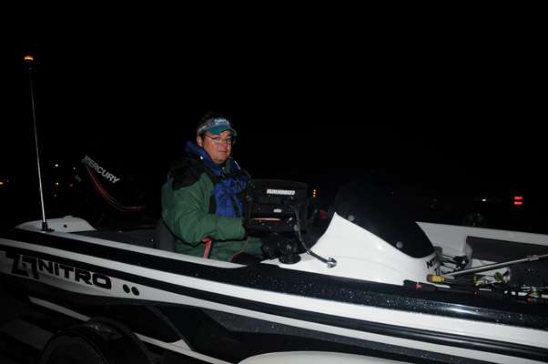 <p>Mark Wade waits in line to launch his boat.</p>
