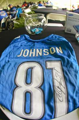 <p>One of the many items auctioned off for charities at the KVD/Detroit Lions Charity Bass Tournament was this jersey worn by NFL Pro Bowl wide receiver Calvin Johnson. </p>
