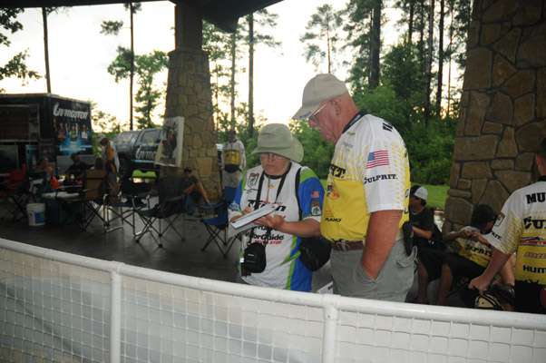 <p>Missouri team members John and Kathy Blankenbeker check out the Day Three pairings list.</p>

