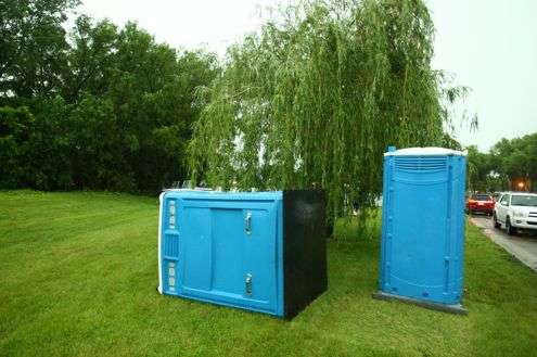 <p>If you didn't already know that port-a-potties aren't safe places to be in a storm, here's proof. There were no reports of casualties here.</p>
