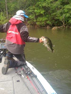 <p>Casey Ashley brings in a huge keeper. Photo by Bassmaster Marshal Chad Patterson.</p>
