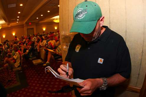 <p>Dave Mercer reviews his notes and is sporting the local Loggers cap!</p>
