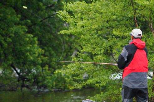 <p>Paul Elias is methodically working a small swimbait tight to shoreline cover. Elias caught 24-9 over the first two days and entered Day Three in 31st place.</p>
