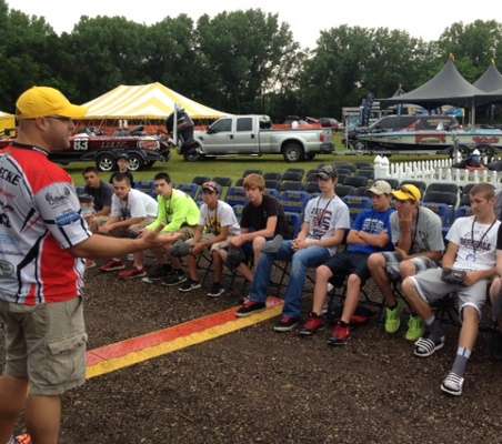 <p>High school students were briefed before spending the day with pros at the 2013 Bassmaster Elite Series Diet Mountain Dew Mississippi River Rumble presented by Power-Pole in La Crosse, Wis.</p>
