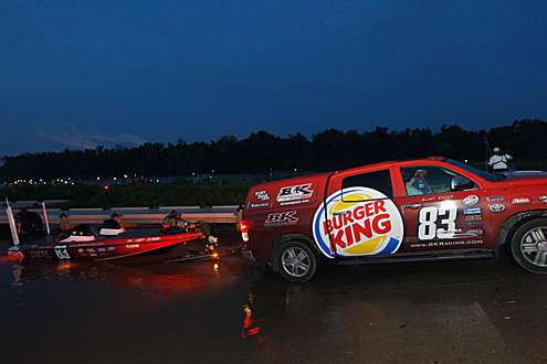 <p>Elite Series pro Kurt Dove backs his BK Racing rig into the James River.</p>
