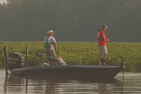 <p>Wayne Hauser and Chris Wade hunt for James River bass on Day One of the first Northern Open.</p>

