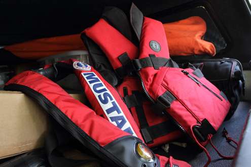 <p>He carries extra Mustang life jackets for anyone getting on his boat with him. </p>
