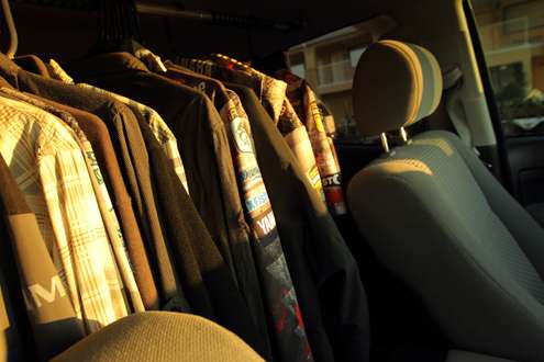 <p>He has clothes for every occasion with him on the road. </p>
