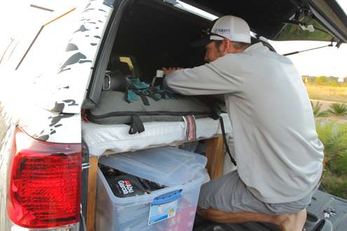<p>I asked to see the "Toyota Tundra suite" made famous at The Bassmaster Classic. Brandon famously sleeps in the back of his truck, even after winning big tournaments. </p>
