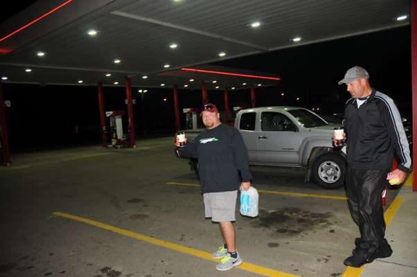 <p>Keith Gowan and Bobby Smith grab some coffee and ice from the local gas station.</p>
