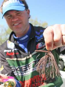 <p>Cliff Pirch's company, Clifford Pirch Outdoors, makes his low-profile jig for fishing in clear water. It features a short shank, medium wire, wide gap hook. Note the two long strands of rubber that mimic a crawdad's feelers.</p>
