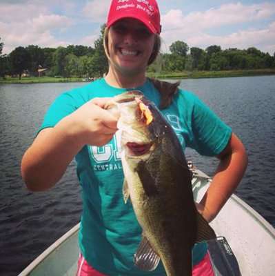 <p>"I had never caught a bass before and this was my first catch ever," said Alecia Abston, who caught this bass on July 4 using an Eppinger Sparkle Tail. "The fight was great and my adrenaline was running. Can't wait to go out and catch some more!"</p>
