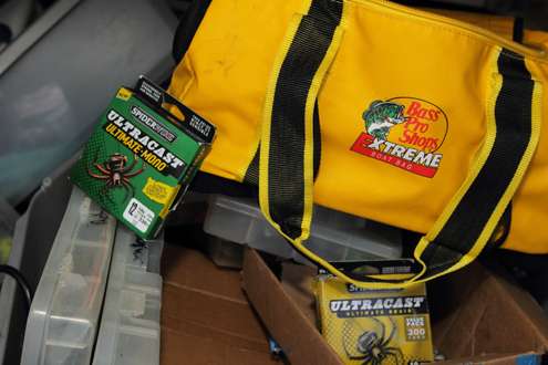 <p>This Bass Pro Shop bag holds his Spiderwire lines. </p>
