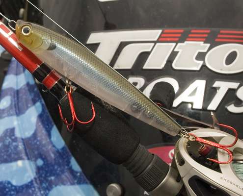 <p>Ashley claims that Lucky Craft's 115 Gunfish is a great all-around stickbait that catches bass anywhere. Note the red hooks that Ashley has switched to.</p>
