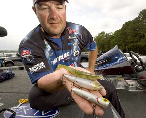 <p>Kelley Jaye with a handful of his top topwater baits, the Gambler Big EZ, a Lucky Craft Sammy and an original Storm Chug Bug.</p> 