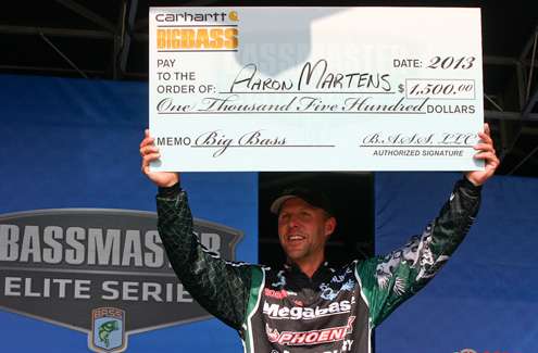 <p>Aaron Martens grabbed a cool $1,500 for his Carhartt Big Bass at the Mississippi River Rumble.</p>

