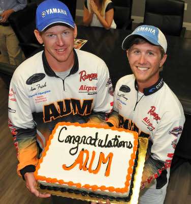 <p>Tom Frink and Jacob Nummy of the Auburn University at Montgomery fishing team, AUM Anglers, visited the B.A.S.S. headquarters in Birmingham, Ala., after their 2013 Carhartt Bassmaster College Series National Championship victory.</p>
