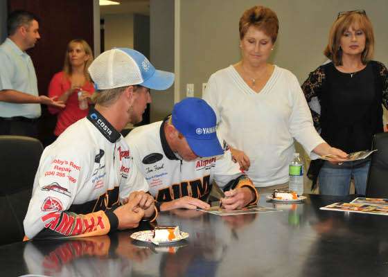 <p>The college anglers signed autographs for B.A.S.S. employees.</p>
