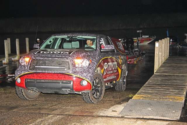 Kevin VanDam backs his Tundra down a dark but well-maintained multilane boat ramp at Lake St. Clair Metropark.