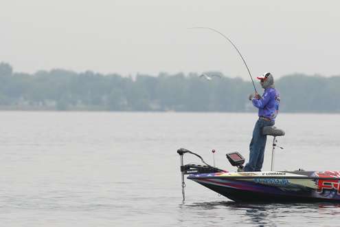 <p>Shaw Grigsby hooks one early on Day 2 of the Evan Williams Bourbon Showdown at St. Lawrence River.</p>
