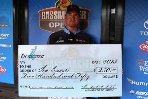 Jim Bianchi not only bagged the Day Two lead, he bagged a $250 bonus from Livingston Lures for doing so.
