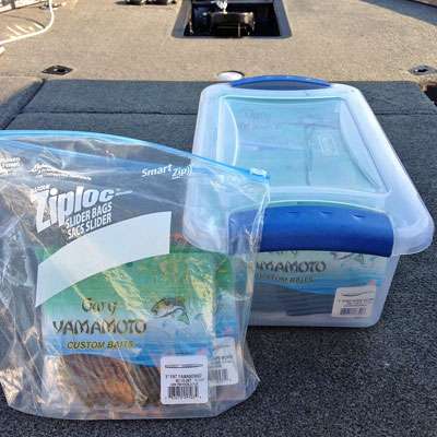 <p>Many anglers are confounded as to the best way to store soft plastics in their boat. Hawk's solution is simple, quick and durable. He uses either plastic zip bags or Tupperware-style boxes. They're organized by type.</p> 