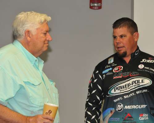 B.A.S.S. co-owner Don Logan and Lane talk a little baseball, bass fishing and business before the official office meet-and-greet takes place.