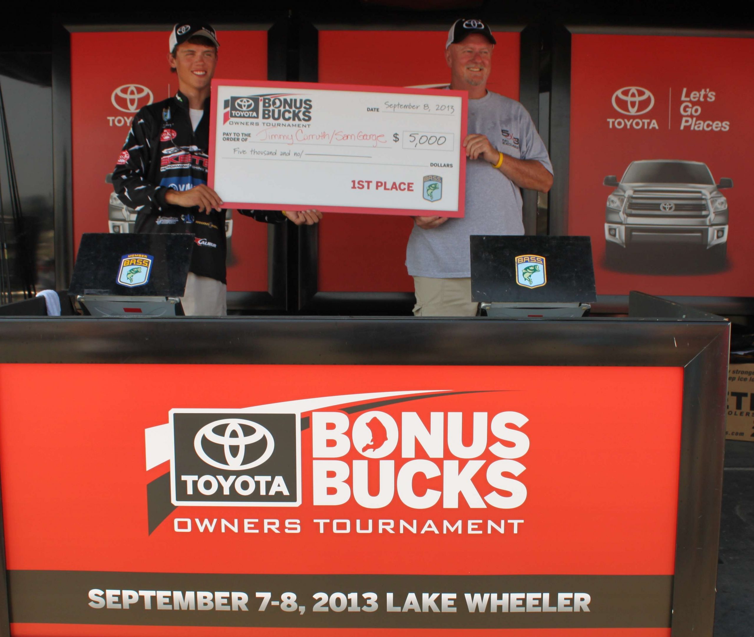For owning a Toyota vehicle and winning the no-entry-fee 2013 Toyota Owners Tournament, Sam George and Jimmy Curruth were awarded $5,000.