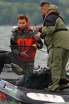 Lucas and Guerra get a closer look at the kind of smallmouth bass Lake Erie is famous for. 