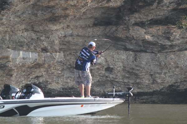 Carhartt College Series anglers Marty Ballard and Trevor Howard from the University of Kentucky work a bluff wall. 