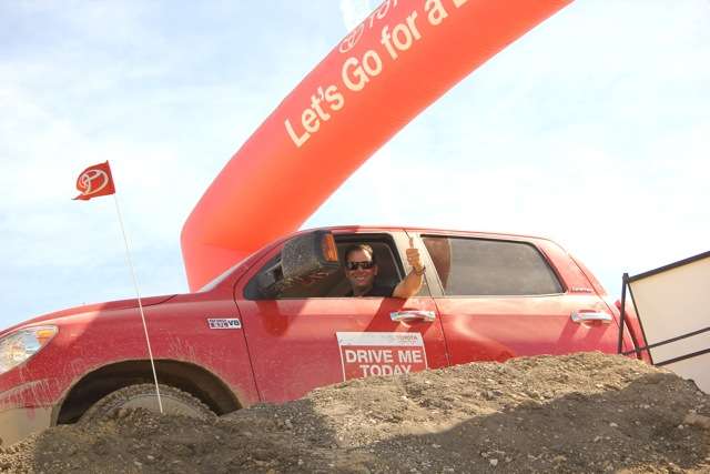 VanDam spent time driving a Tundra over dirt piles and other impressive obstacles at the Toyota Drive Center adjacent to the racetrack.