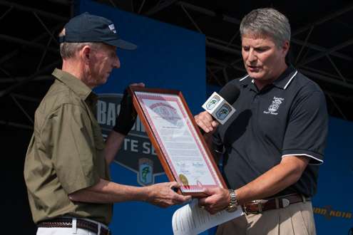 Senator Goeff Hansen was on hand to present a special tribute to B.A.S.S. as Trip Weldon accepts this great honor.