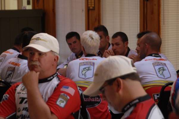 Anglers get serious as the briefing begins.