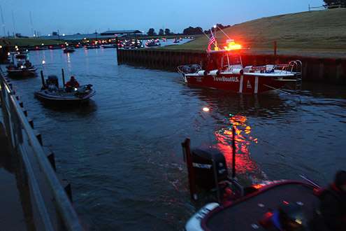 Tow Boat US idles through the Three Forks Harbor channel on Day Two of the Bass Pro Shops Central Open #2 on the Arkansas River.